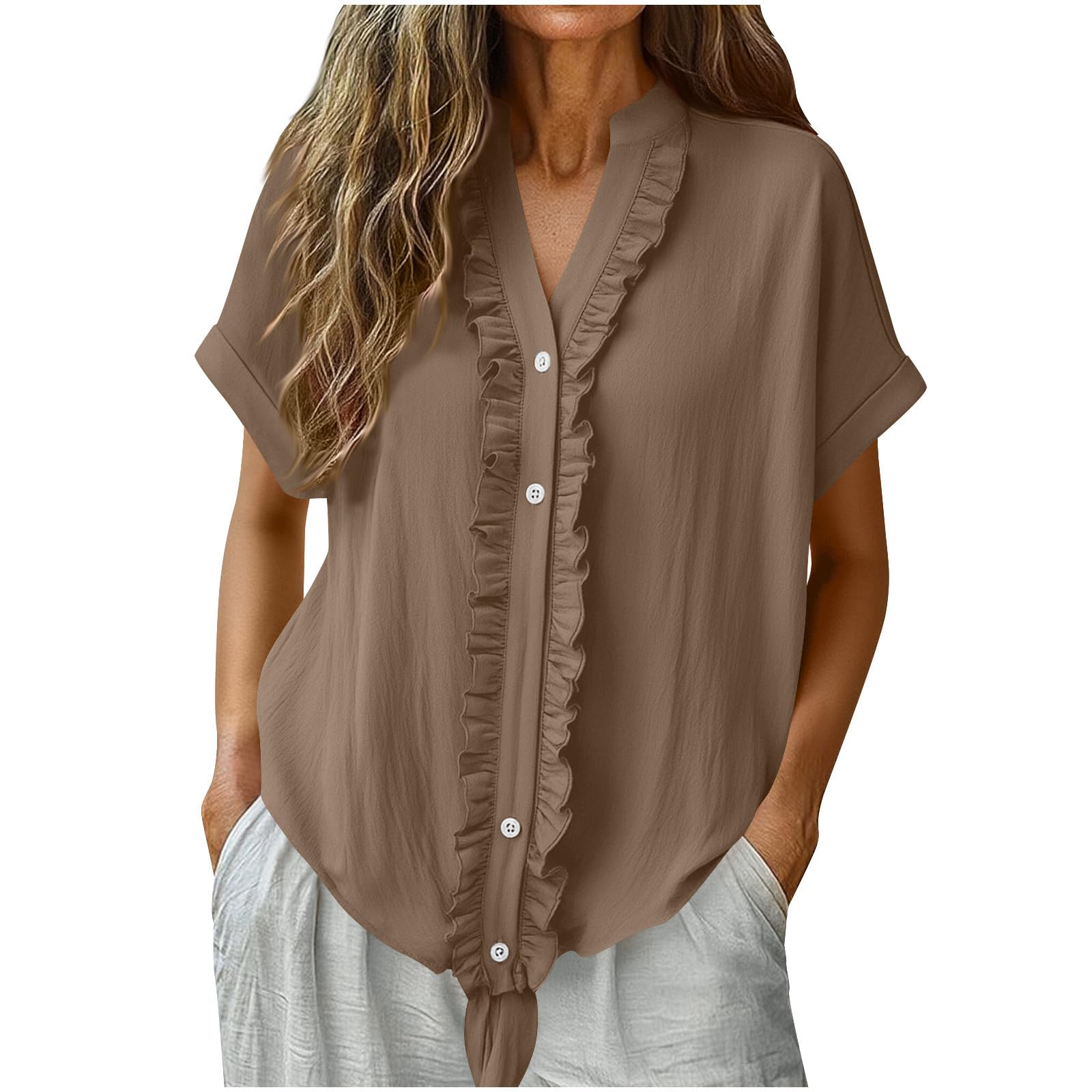 Women Short Sleeve Button Down Blouse with Ruffle Trim and Front Tie V Neck Loose Fit Casual Top for Summer L хаки
Women Short Sleeve Button Down Blouse with Ruffle Trim and Front Tie V Neck Loose Fit Casual Top for Summer L хаки