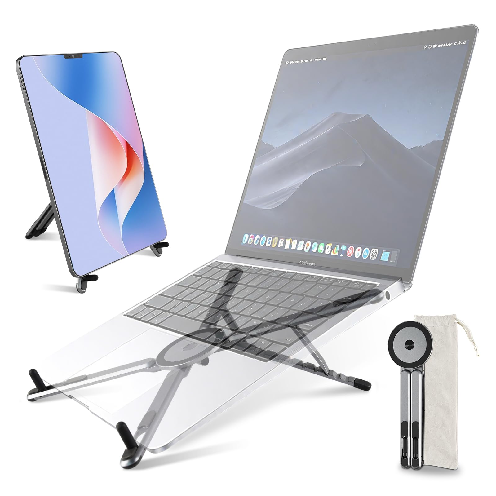 Foldable Multifunctional Laptop Stand for and Compact and Adjustable Tablet Aluminum Alloy with MagSafe Compatible Smartphone Holder and Storage Pouch
Foldable Multifunctional Laptop Stand for and Compact and Adjustable Tablet Aluminum Alloy with MagSafe Compatible Smartphone Holder and Storage Pouch