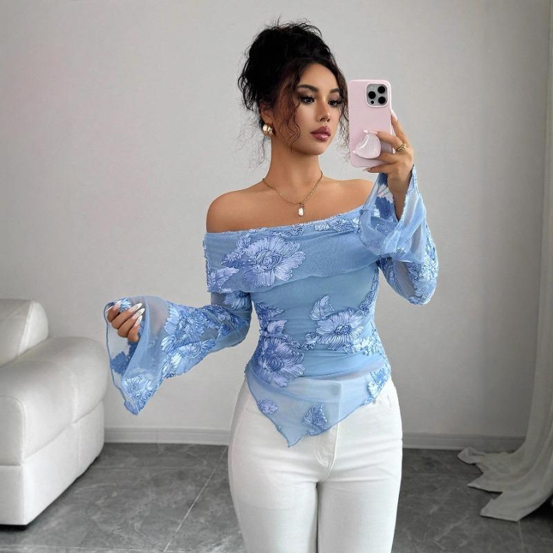Women s Off Shoulder Top Floral Appliqué Sheer Mesh Blouse Flared Sleeves S небо синє кольору
Women s Off Shoulder Top Floral Appliqué Sheer Mesh Blouse Flared Sleeves S небо синє кольору
