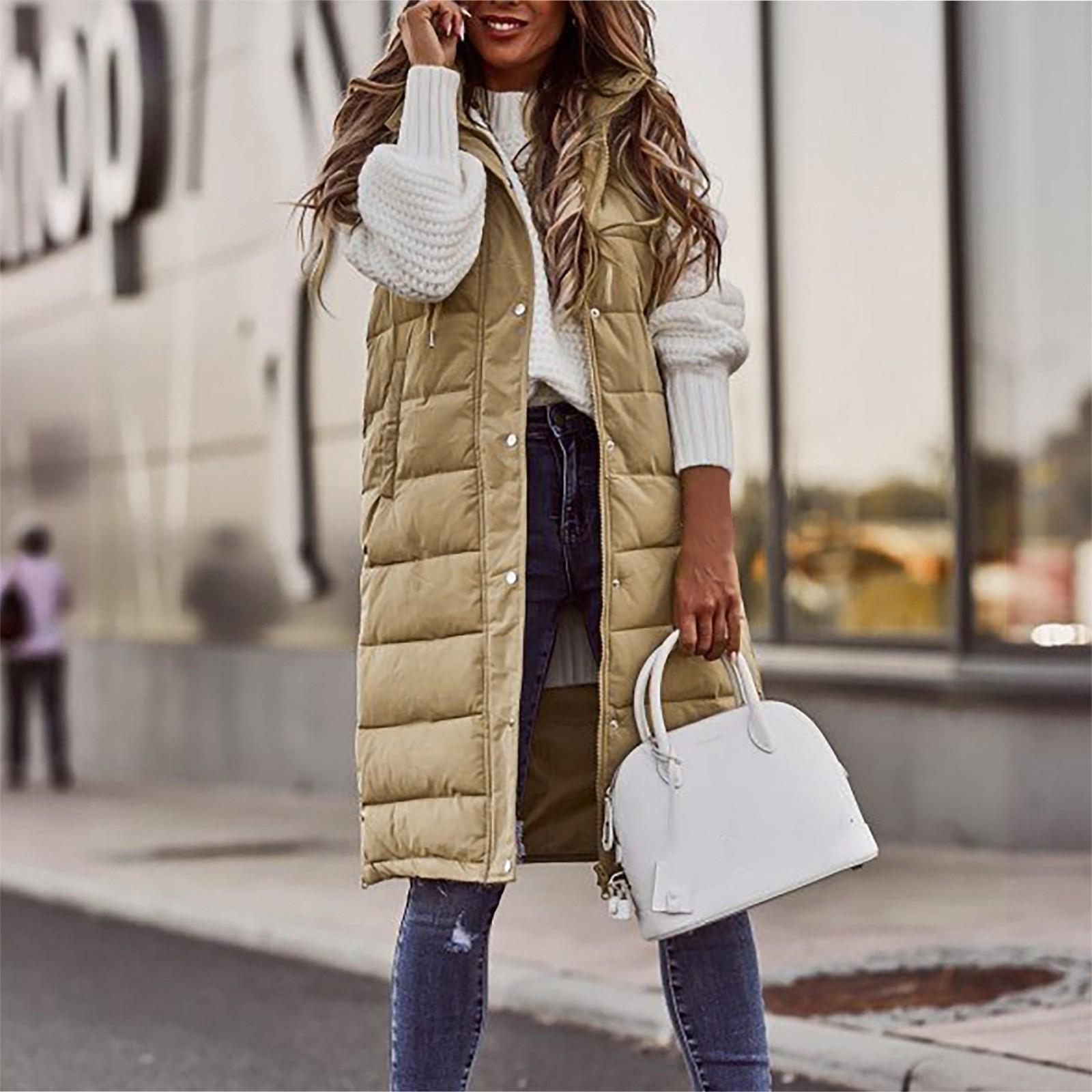 Женский и зимний темпераментный кардиган без рукавов средней длины хлопковый жилет жилет пальто L хаки