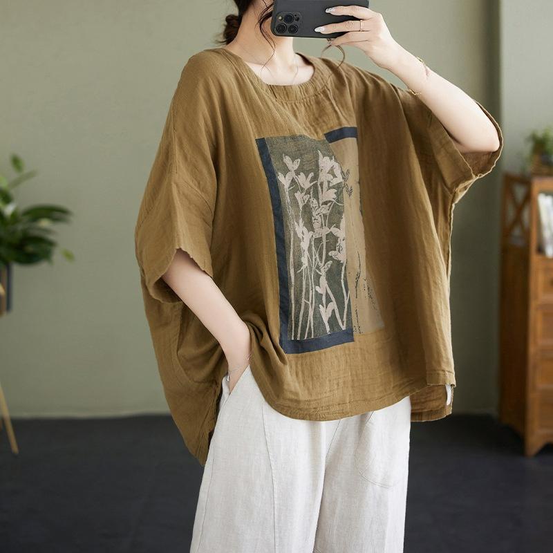 Summer Cotton and Linen Literary Retro Printing Loose Round Neck Large Size Slimming Shirt Women 2XL хакі
Summer Cotton and Linen Literary Retro Printing Loose Round Neck Large Size Slimming Shirt Women 2XL хакі