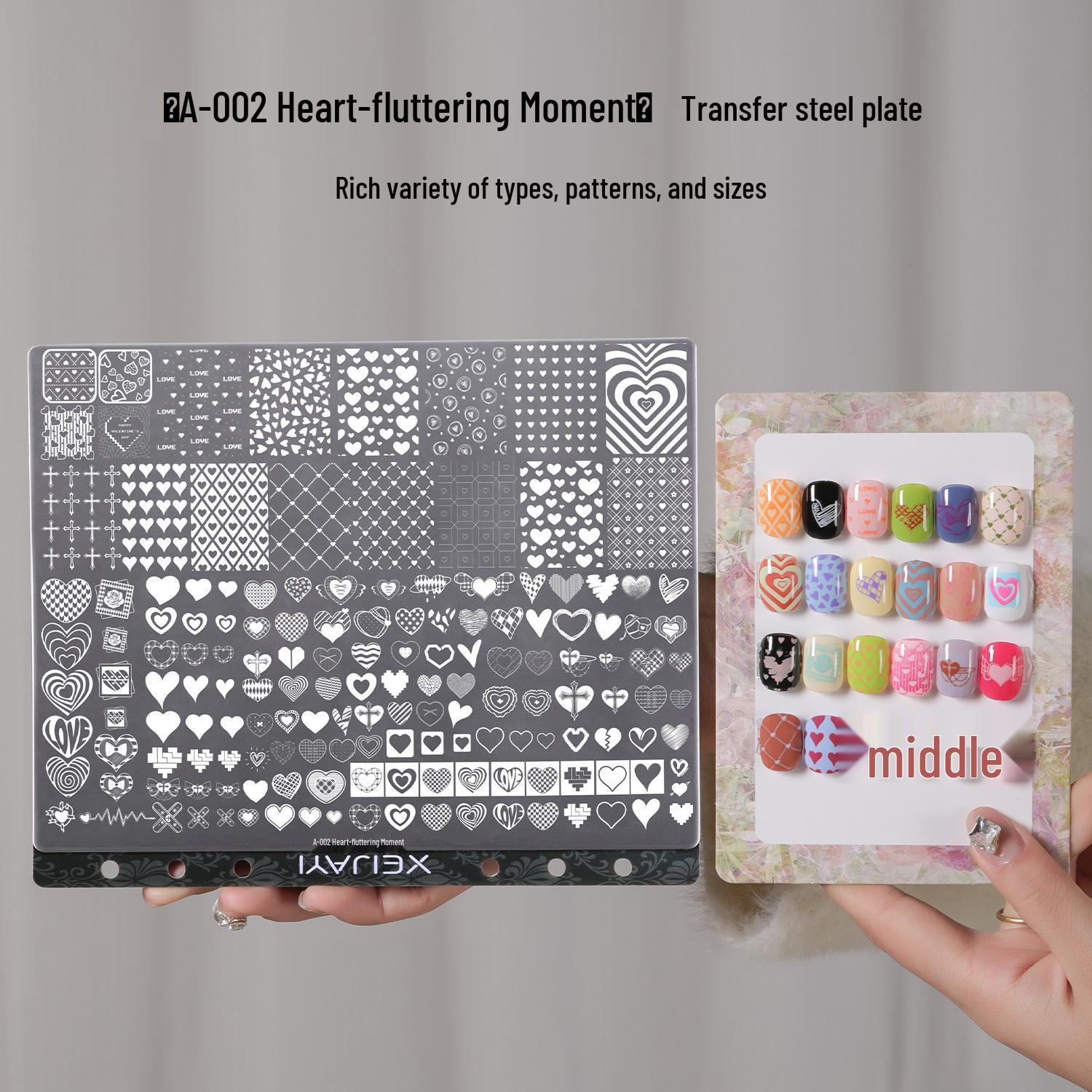 A-002 Heartbeat Moment Nail Art Steel Plate with Scraper: High-Value, Popular Design Transfer Tool.
A-002 Heartbeat Moment Nail Art Steel Plate with Scraper: High-Value, Popular Design Transfer Tool.