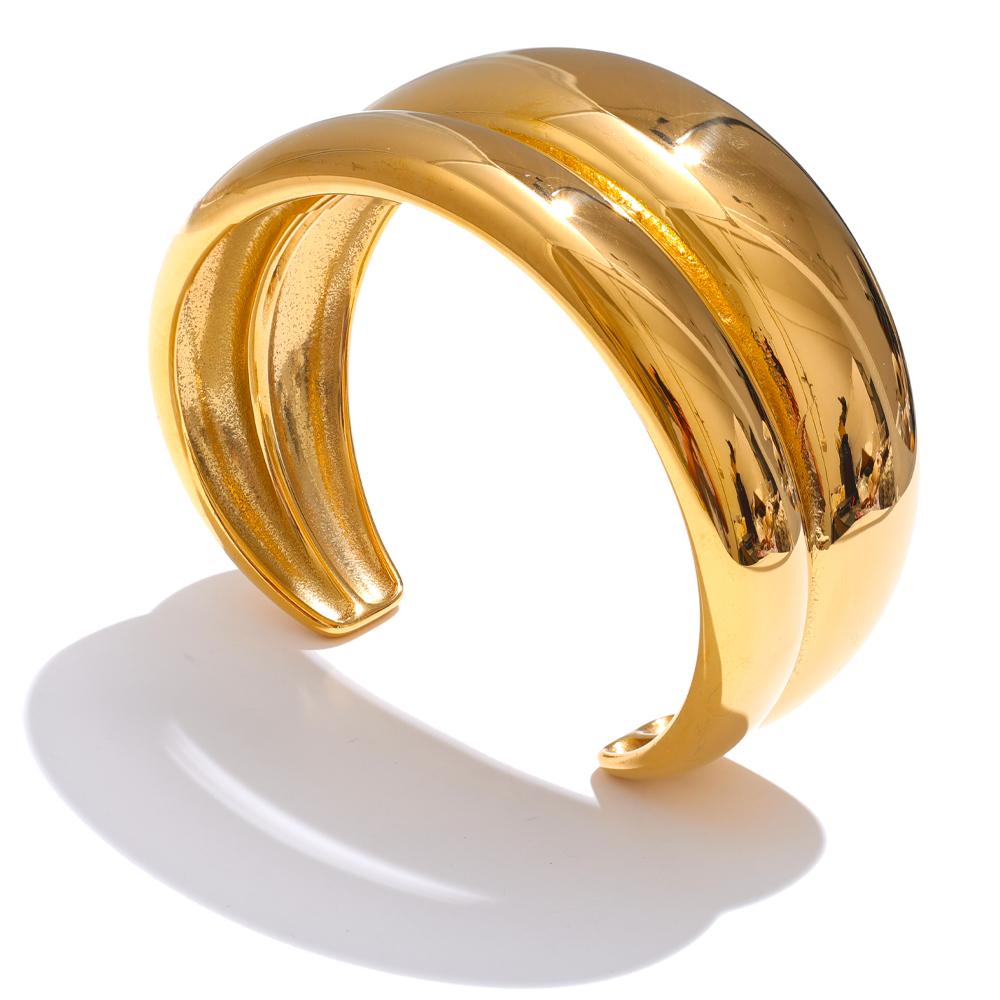Yhpup 18K Golden PVD Plated Stainless Steel Double Layer Cuff Statement Bracelet Bangle Smooth Metal Texture Attractive Jewelry
Yhpup 18K Golden PVD Plated Stainless Steel Double Layer Cuff Statement Bracelet Bangle Smooth Metal Texture Attractive Jewelry