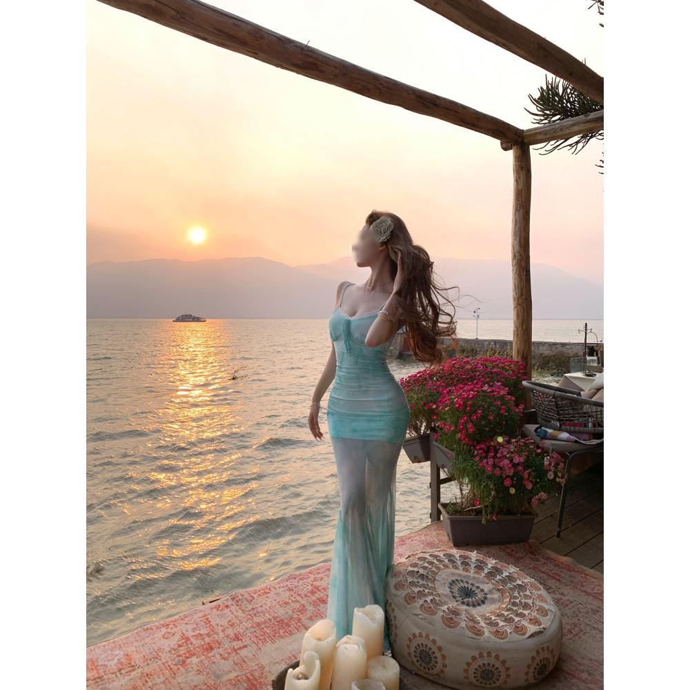 Платье на бретелях с принтом женское летнее новое темпераментное с талией приморский отпуск юбка «рыбий хвост» сетчатая пляжная юбка XL- (recommended 110-60kg)