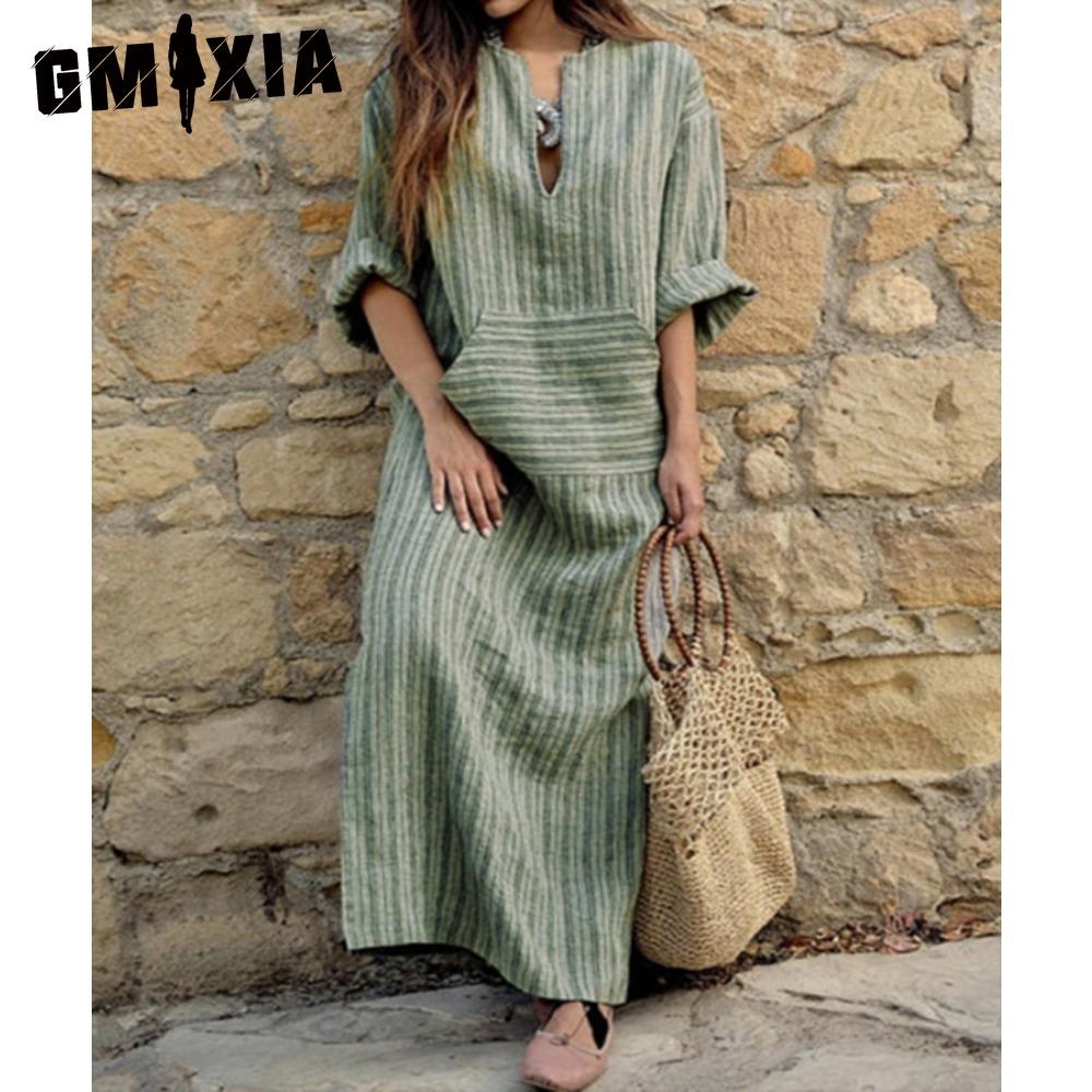 GMXIA S-5XL Женская Весенне-Летняя Одежда Большого Размера Дамское Хлопково-Льняное Свободное Полосатое Длинное Платье с Карманами XXL зелёный
