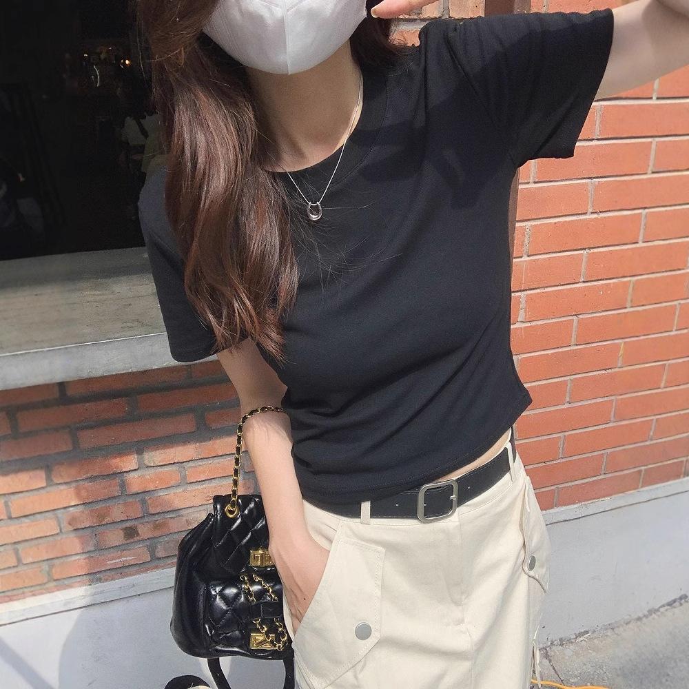 Футболка с короткими рукавами и узкими плечами из хлопка для женщин, летняя, новая, короткая, обтягивающая, с высокой талией, американская футболка XL