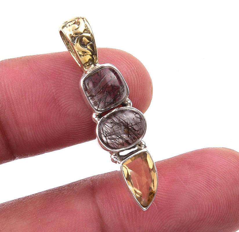 Natural Black Rutile,Citrine 925 Solid Sterling Silver Gift Pendant 1.25 P7r46 
Natural Black Rutile,Citrine 925 Solid Sterling Silver Gift Pendant 1.25 P7r46