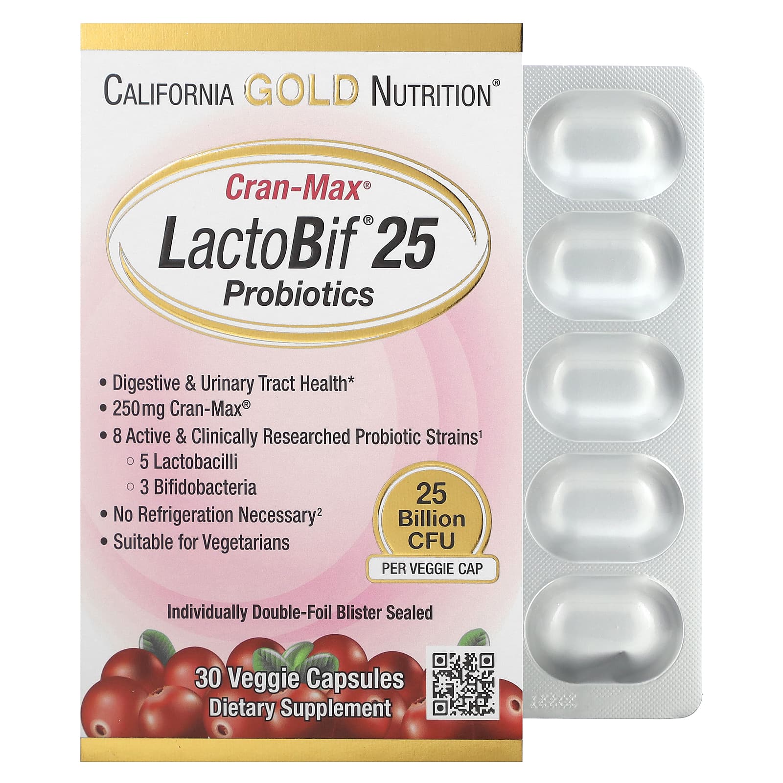 California Gold Nutrition, пробіотики LactoBif, Cran-Max, 25 мільярдів КУО, 30 овочевих капсул
California Gold Nutrition, пробіотики LactoBif, Cran-Max, 25 мільярдів КУО, 30 овочевих капсул