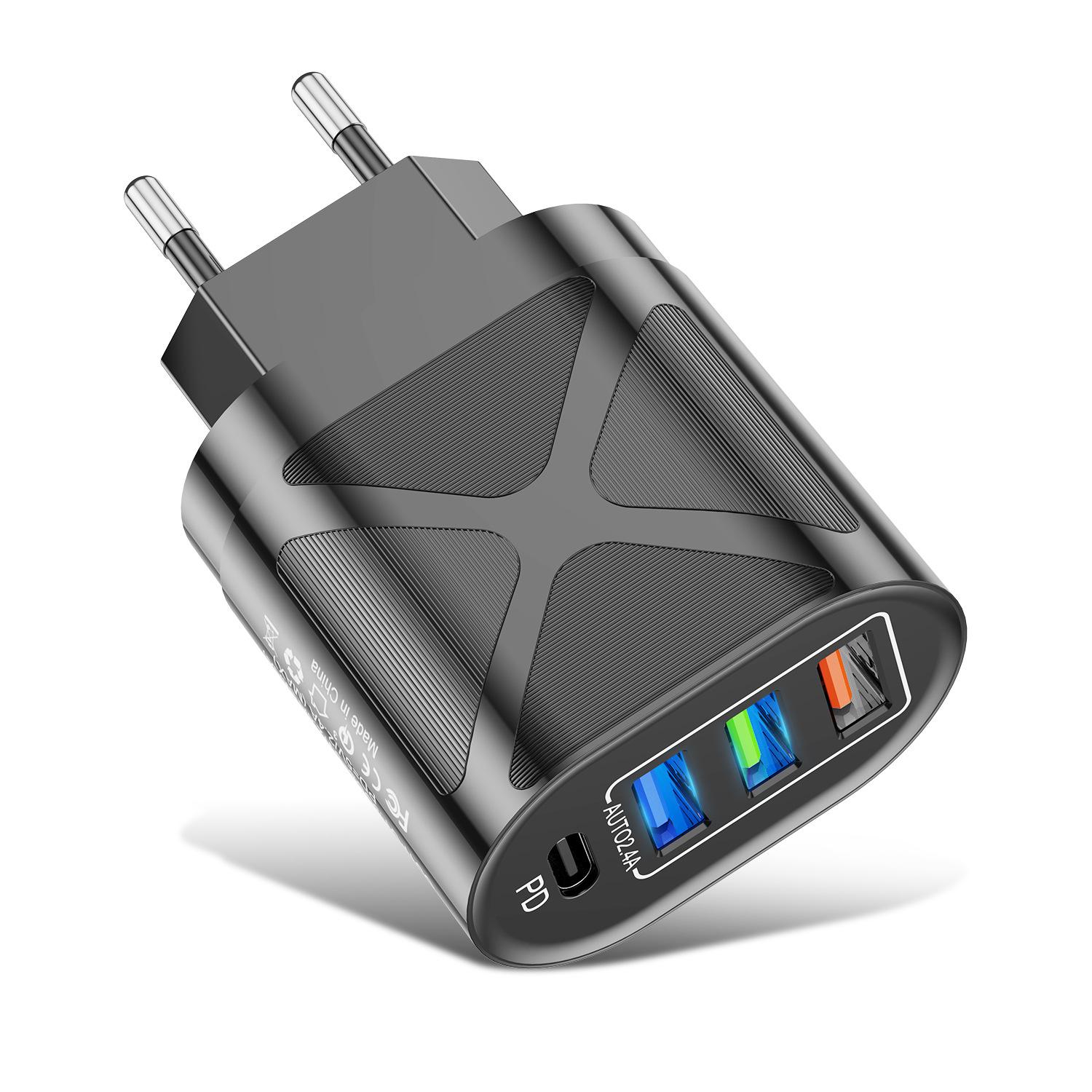 VAORLO 48 Вт 3USB + PD 4 порта Зарядное устройство Дорожная зарядная головка 2.4A Быстрая зарядка ЕС США Великобритания Plug USB зарядное устройство для устройств EU чёрный