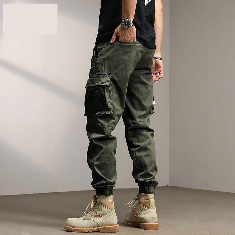 Весна Лето Осень Ретро Тканые Брюки Карго Мужские Стираные Эластичный Пояс Завязывающийся Шнурок Свободные Повседневные Брюки 2XL