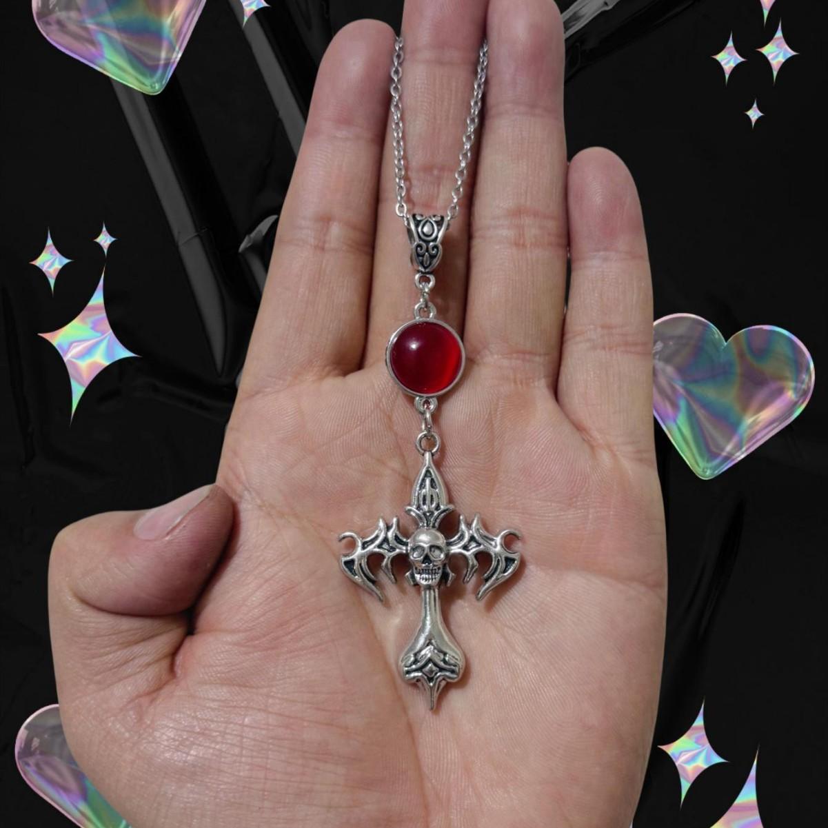 Gothic Dark Sliver Color Skull Cross Red Glass Crystal Pendant Necklace for Women Men Halloween Party Demon Slayer Jewelry Gifts
Gothic Dark Sliver Color Skull Cross Red Glass Crystal Pendant Necklace for Women Men Halloween Party Demon Slayer Jewelry Gifts