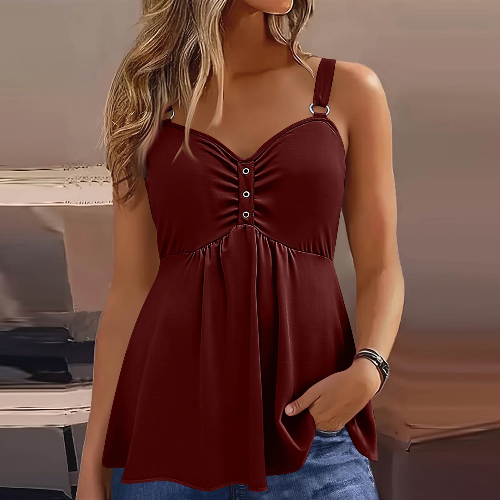Women’s Sleeveless V Neck Button Front Tunic Top with Adjustable Straps and Ruched Detail for Casual Wear S
Women’s Sleeveless V Neck Button Front Tunic Top with Adjustable Straps and Ruched Detail for Casual Wear S