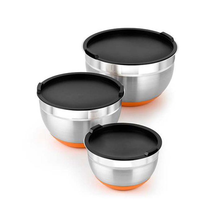 BRA Efficient - Set of 4 18/10 Stainless Steel Bowls 12-16-20-24 cm 0.4 L, Silicone Base, Lids Included
BRA Efficient - Set of 4 18/10 Stainless Steel Bowls 12-16-20-24 cm 0.4 L, Silicone Base, Lids Included