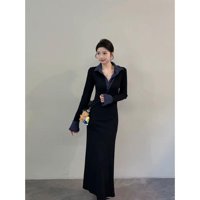 Women s Slim Fit Knitted Polo Collar Long Dress - Contrasting Color, Cinched Waist, Autumn/Winter Style Large
Women s Slim Fit Knitted Polo Collar Long Dress - Contrasting Color, Cinched Waist, Autumn/Winter Style Large