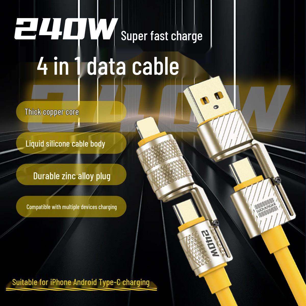240W 4-in-1 Fast Charging Cable for Apple, Huawei, OPPO Phones - Ideal for Car Use 1m
240W 4-in-1 Fast Charging Cable for Apple, Huawei, OPPO Phones - Ideal for Car Use 1m