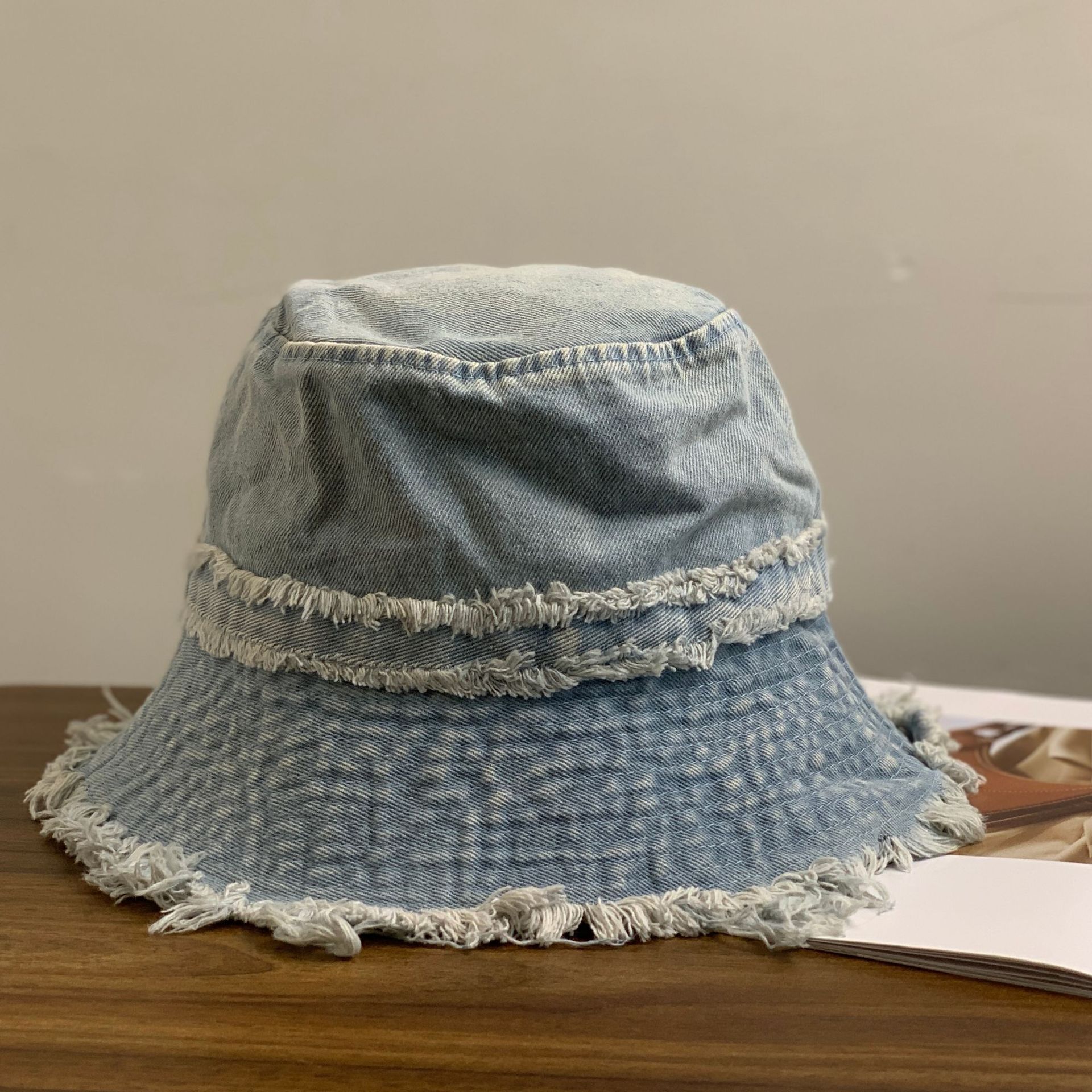 Ретро-сумка из потертого денима, большая окружность головы, показывает маленькое лицо, путешествующая сотня башен, козырек от солнца, шляпа для раковины, женщина M(56-58cm) светло-синий