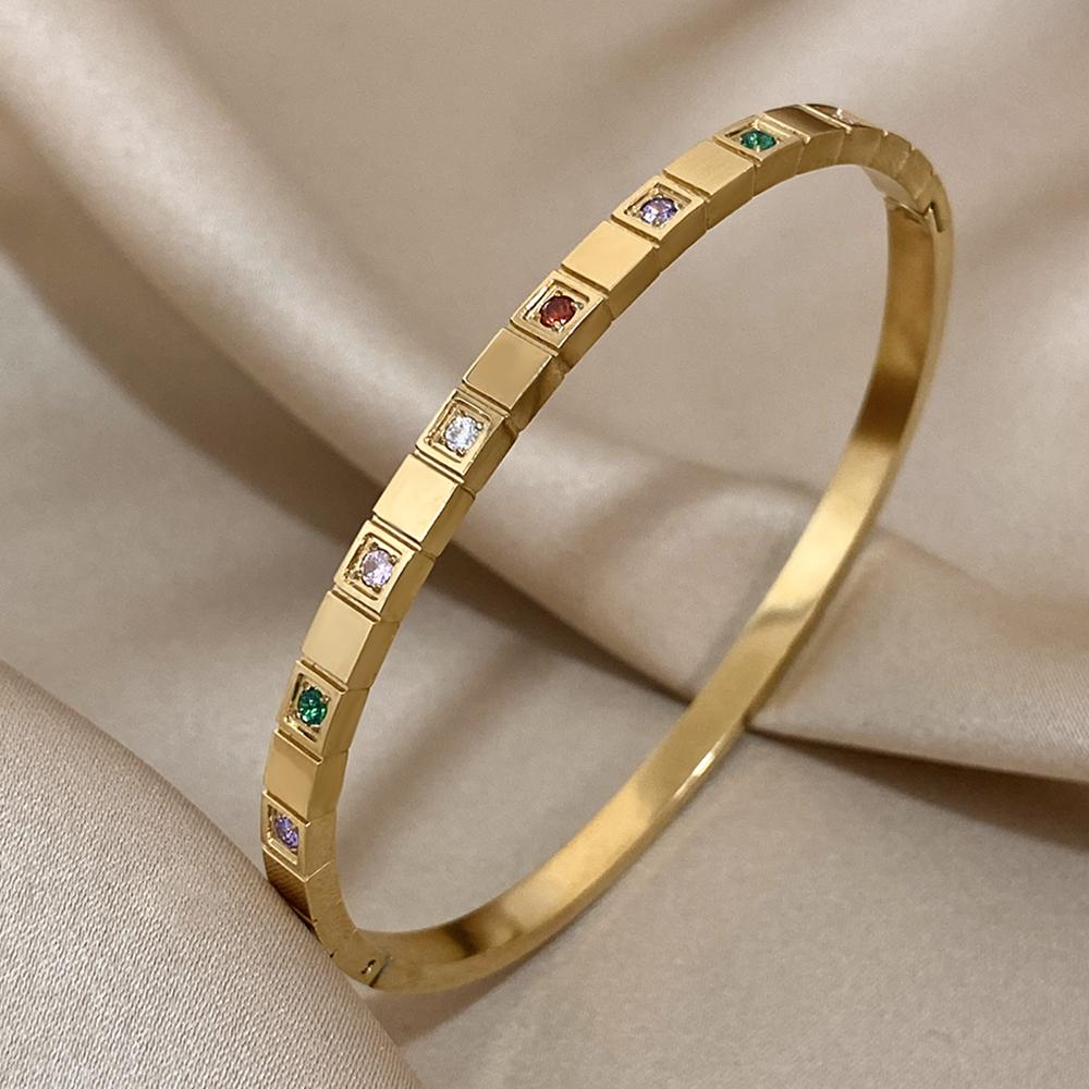 New Inlaid Square Small Colored Zircon Stainless Steel Bangle Bracelet for Women Luxury Gold Plated Cubic Zirconia Bracelets
New Inlaid Square Small Colored Zircon Stainless Steel Bangle Bracelet for Women Luxury Gold Plated Cubic Zirconia Bracelets