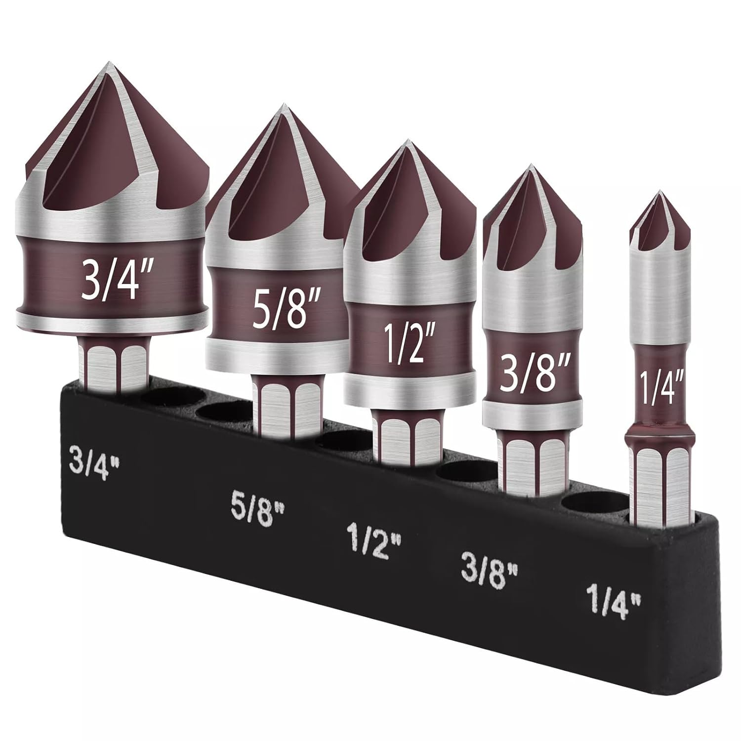 5pcs 82 Degree HSS Counter Sink Drill Bit Set | For Wood,Metal,Plastic,Sizes 1/4 -3/4 with 1/4 Hex Shank,No Assembly Required
5pcs 82 Degree HSS Counter Sink Drill Bit Set | For Wood,Metal,Plastic,Sizes 1/4 -3/4 with 1/4 Hex Shank,No Assembly Required