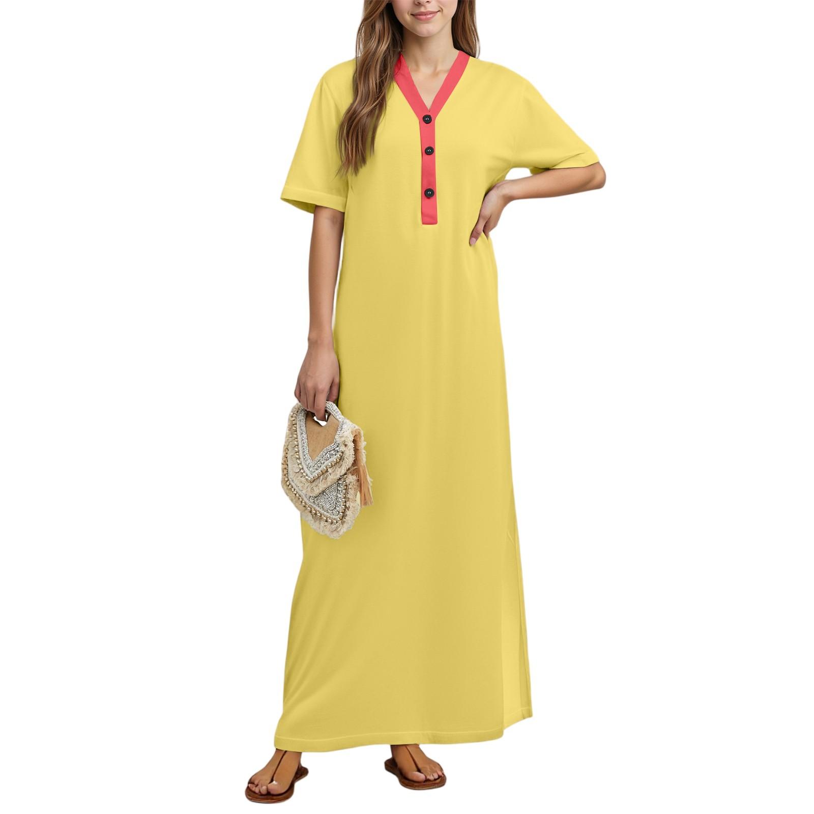 Женская ночная рубашка Домашняя одежда Ночная рубашка с коротким рукавом и карманами Длинное платье XL жёлтый