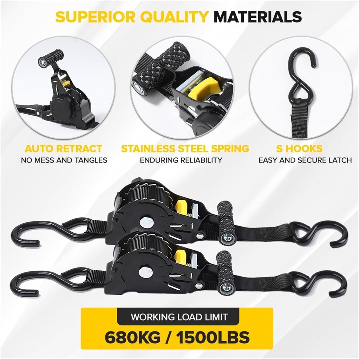 2Pcs Retractable Ratchet Tie Down Straps - 680kg Guaranteed Max Break Strength,Use for Boat, Securing Cargo China Mainland
2Pcs Retractable Ratchet Tie Down Straps - 680kg Guaranteed Max Break Strength,Use for Boat, Securing Cargo China Mainland