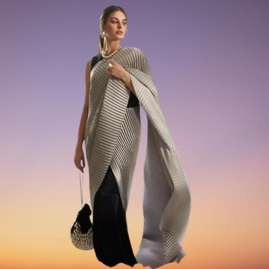 Тканое болливудское атласное сари (Черный, серый) 
Тканое болливудское атласное сари (Черный, серый)