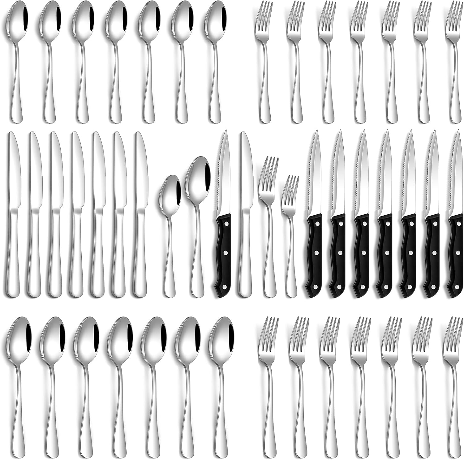 48 Pcs Flatware Silverware Set with Steak Knives for 8 Guests, Stainless Steel Mirror Cutlery, Dishwasher Safe Utensils Set
48 Pcs Flatware Silverware Set with Steak Knives for 8 Guests, Stainless Steel Mirror Cutlery, Dishwasher Safe Utensils Set