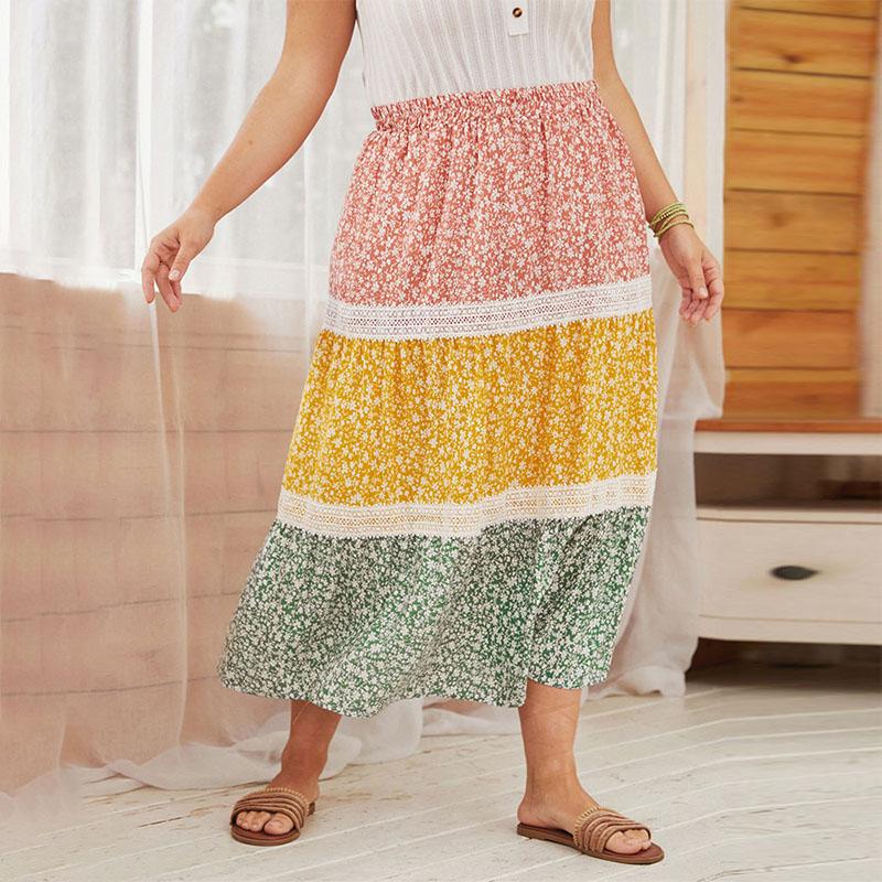 Женские многоцветные длинные юбки с эластичной резинкой на талии и кружевными цветочными рюшами 
Женские многоцветные длинные юбки с эластичной резинкой на талии и кружевными цветочными рюшами
