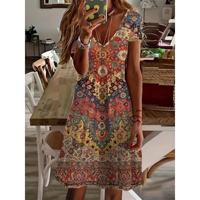 Plus size women s ethnic floral fashion print V-neck dress, spring and summer casual short-sleeved dress 5XL
Plus size women s ethnic floral fashion print V-neck dress, spring and summer casual short-sleeved dress 5XL