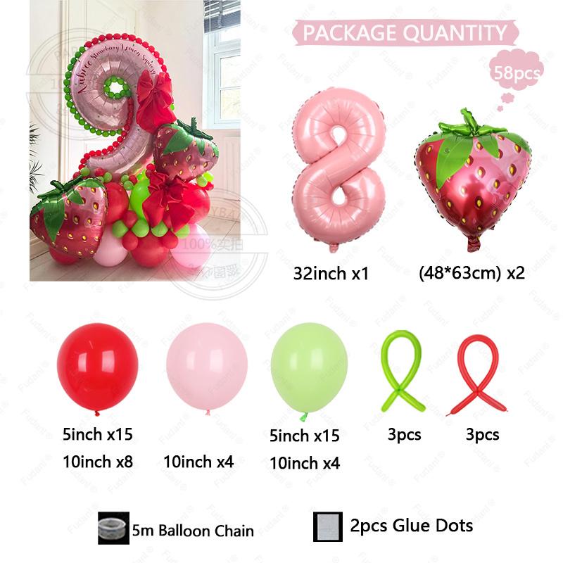 58pcs Strawberry Balloons Kits Birthday Decorations for Girls 32inch 1-9 Number Balloons for Strawberry Birthday Party Decors 32inch
58pcs Strawberry Balloons Kits Birthday Decorations for Girls 32inch 1-9 Number Balloons for Strawberry Birthday Party Decors 32inch