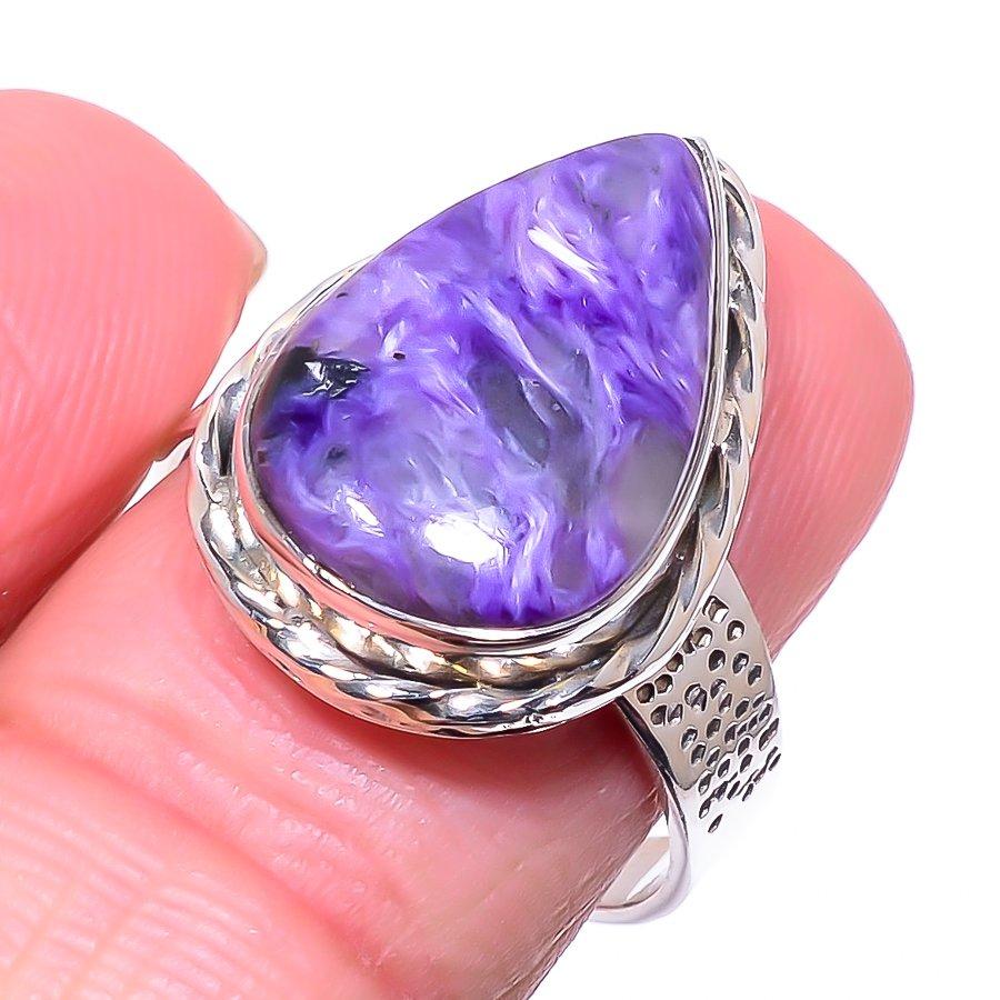 Подарочное кольцо из чистого серебра 925 пробы с натуральным чароитом ручной работы S.9 F3g19