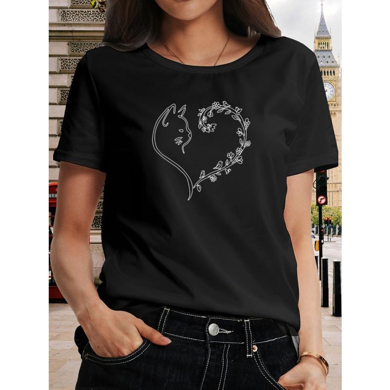 Women s Simple Line Cat & Heart Print T-Shirt Minimalist Crew Neck Casual Cute Retro Short Sleeve Top S чёрный
Women s Simple Line Cat & Heart Print T-Shirt Minimalist Crew Neck Casual Cute Retro Short Sleeve Top S чёрный