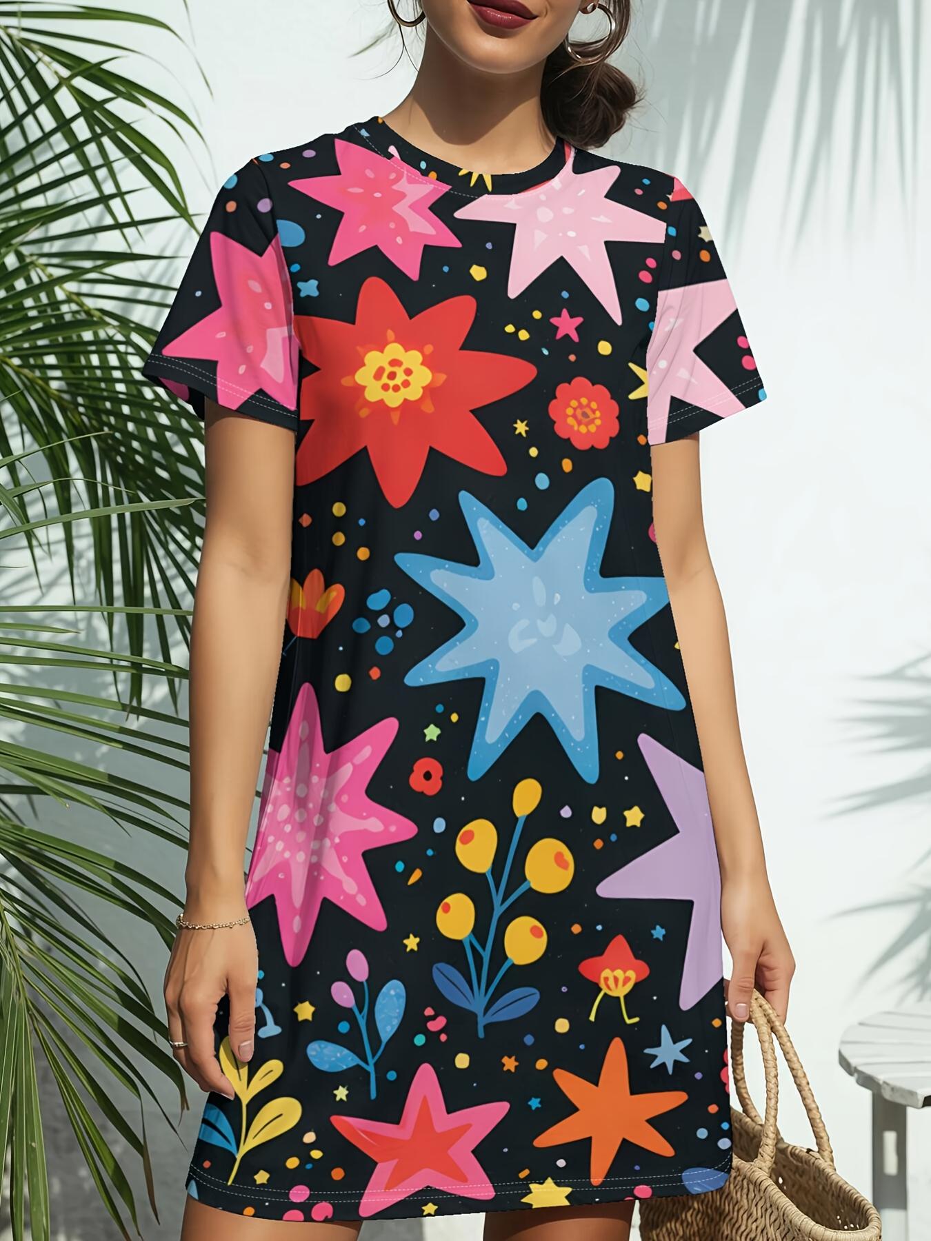 Colorful Starburst Print New Women S Round Neck Short Sleeve T-Shirt Dress. American Style Trend Digital Printing. Casual And Versatile for Spring And M
Colorful Starburst Print New Women S Round Neck Short Sleeve T-Shirt Dress. American Style Trend Digital Printing. Casual And Versatile for Spring And M