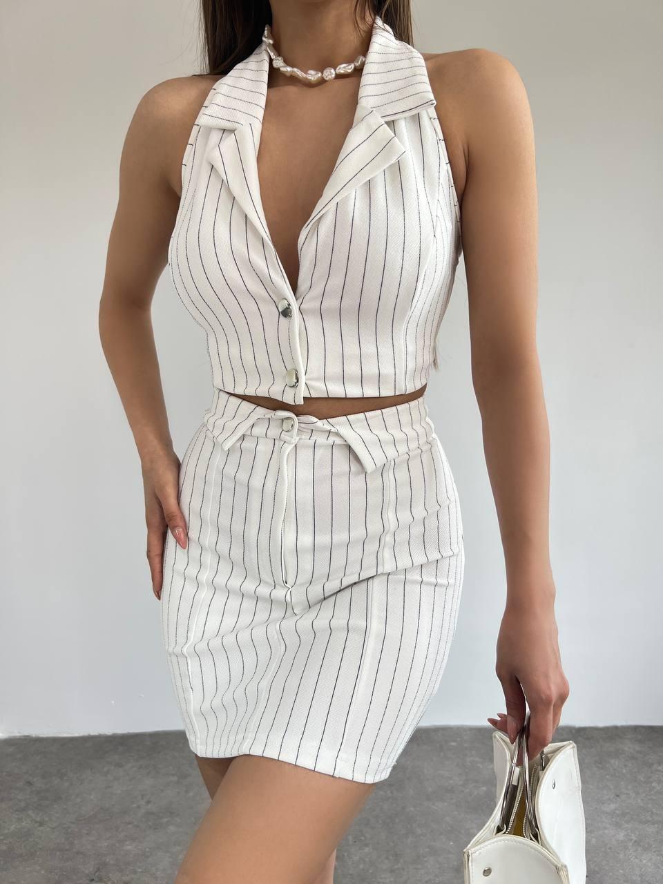 Женская полосатая тканевая рубашка, мини-юбка, двойной комплект 
Женская полосатая тканевая рубашка, мини-юбка, двойной комплект