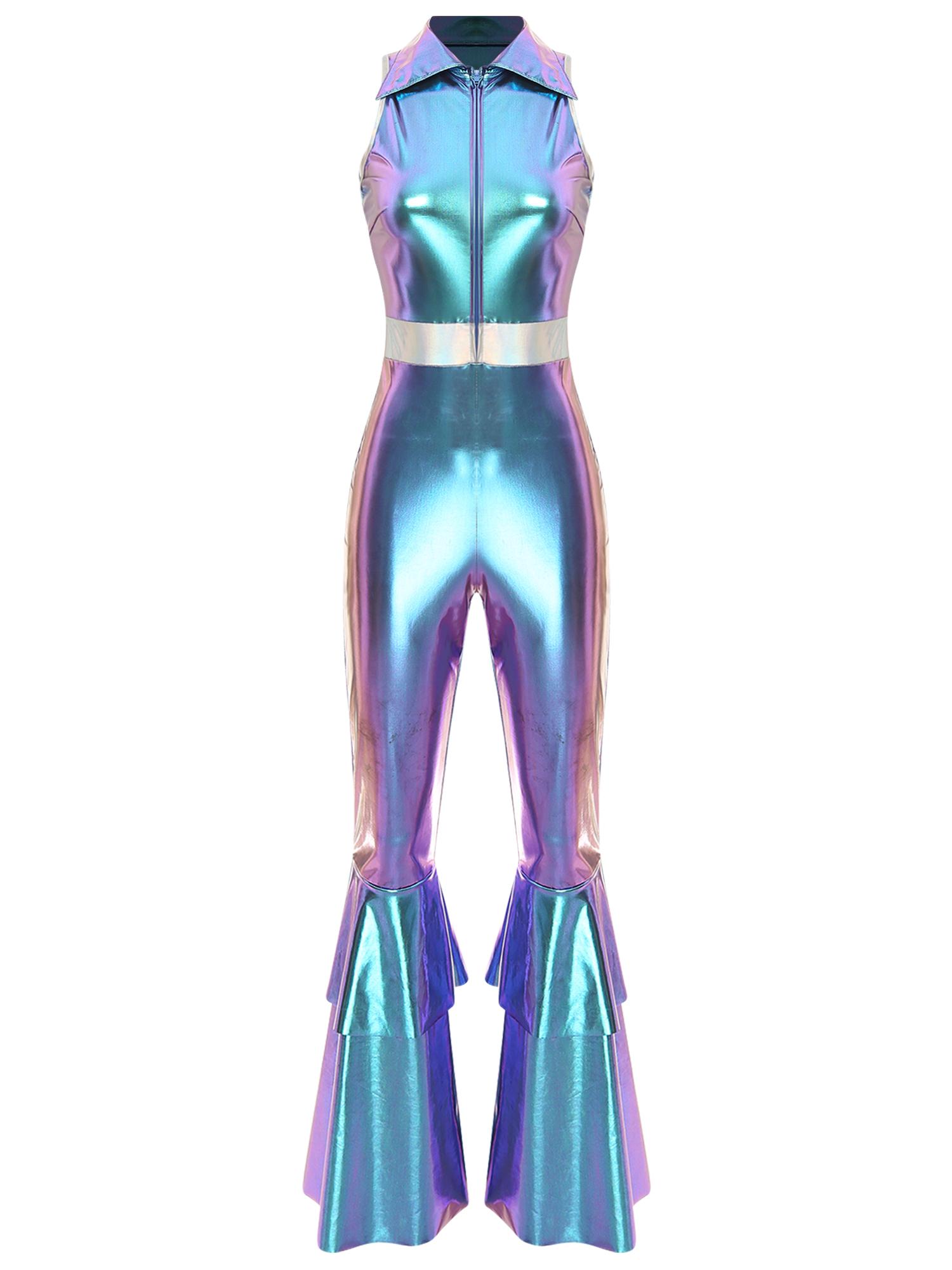 Women Shiny Metallic 70s Disco Costume Lapel Collar Sleeveless High Waist Flared Jumpsuit Disco Dance Outfit синій
Women Shiny Metallic 70s Disco Costume Lapel Collar Sleeveless High Waist Flared Jumpsuit Disco Dance Outfit синій