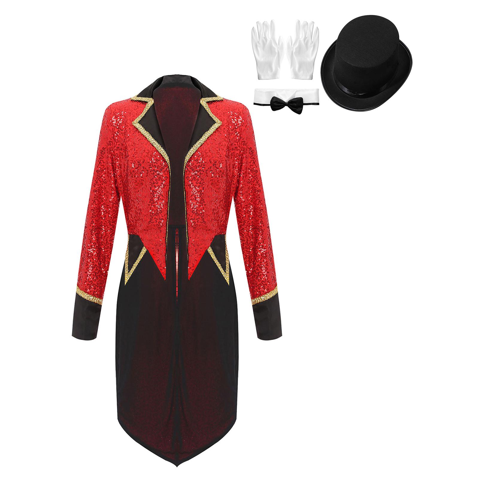 Womens Circus Magician Costume Sequin Tailcoat Long Sleeve Notch Lapel Open Front Design Hat Gloves Bowtie Set S червоний
Womens Circus Magician Costume Sequin Tailcoat Long Sleeve Notch Lapel Open Front Design Hat Gloves Bowtie Set S червоний