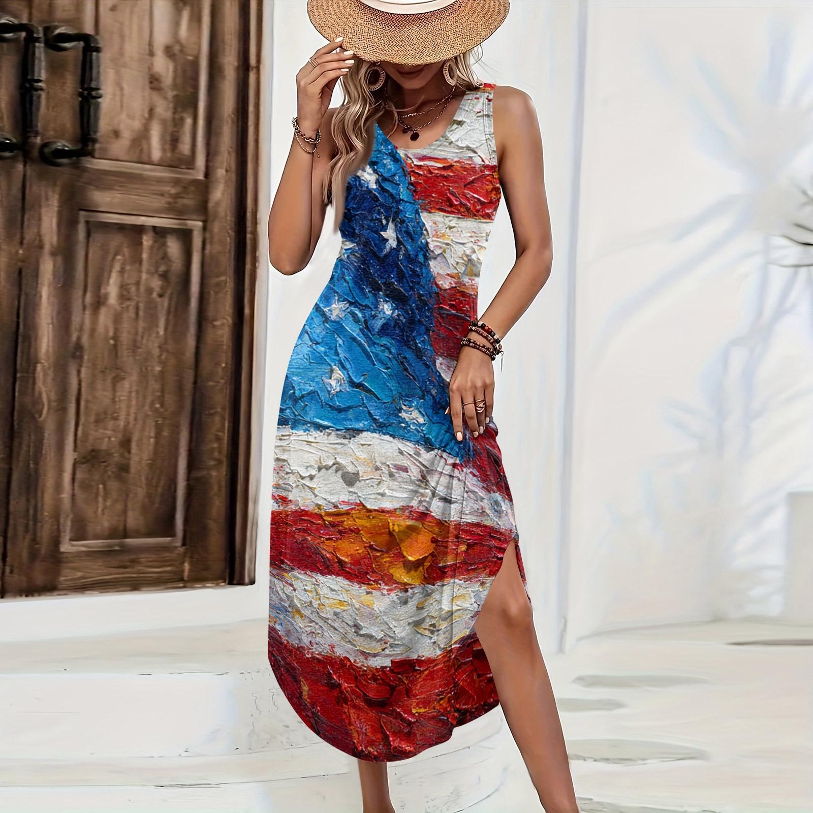 Women Sleeveless Casual Loose Fit Long Dress with Independence Day Star and Stripe Print Side Slit Maxi Dress for Summer L
Women Sleeveless Casual Loose Fit Long Dress with Independence Day Star and Stripe Print Side Slit Maxi Dress for Summer L
