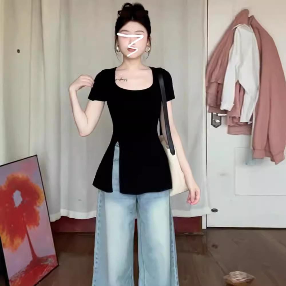 Black u-neck short-sleeved t-shirt women s summer 2025 new design sense niche unique chic slim split top XL чорний
Black u-neck short-sleeved t-shirt women s summer 2025 new design sense niche unique chic slim split top XL чорний