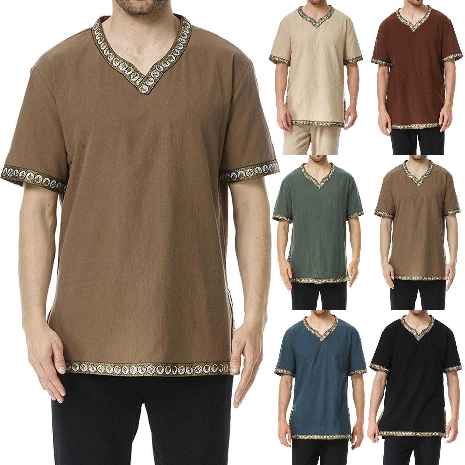 (Отличный дом)Мужские традиционные льняные рубашки, повседневные топы с коротким рукавом и V-образным вырезом, свободная блузка 
(Отличный дом)Мужские традиционные льняные рубашки, повседневные топы с коротким рукавом и V-образным вырезом, свободная блузка