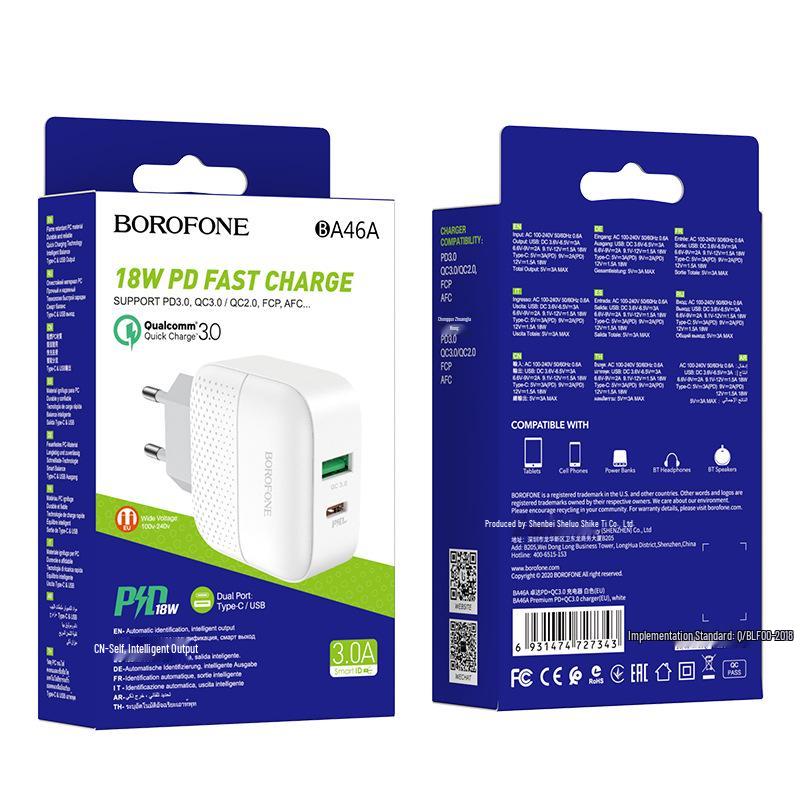 BOROFONE BA46A EU Plug PD20W+QC3.0 Fast Charger Set for Mobile Phones
BOROFONE BA46A EU Plug PD20W+QC3.0 Fast Charger Set for Mobile Phones