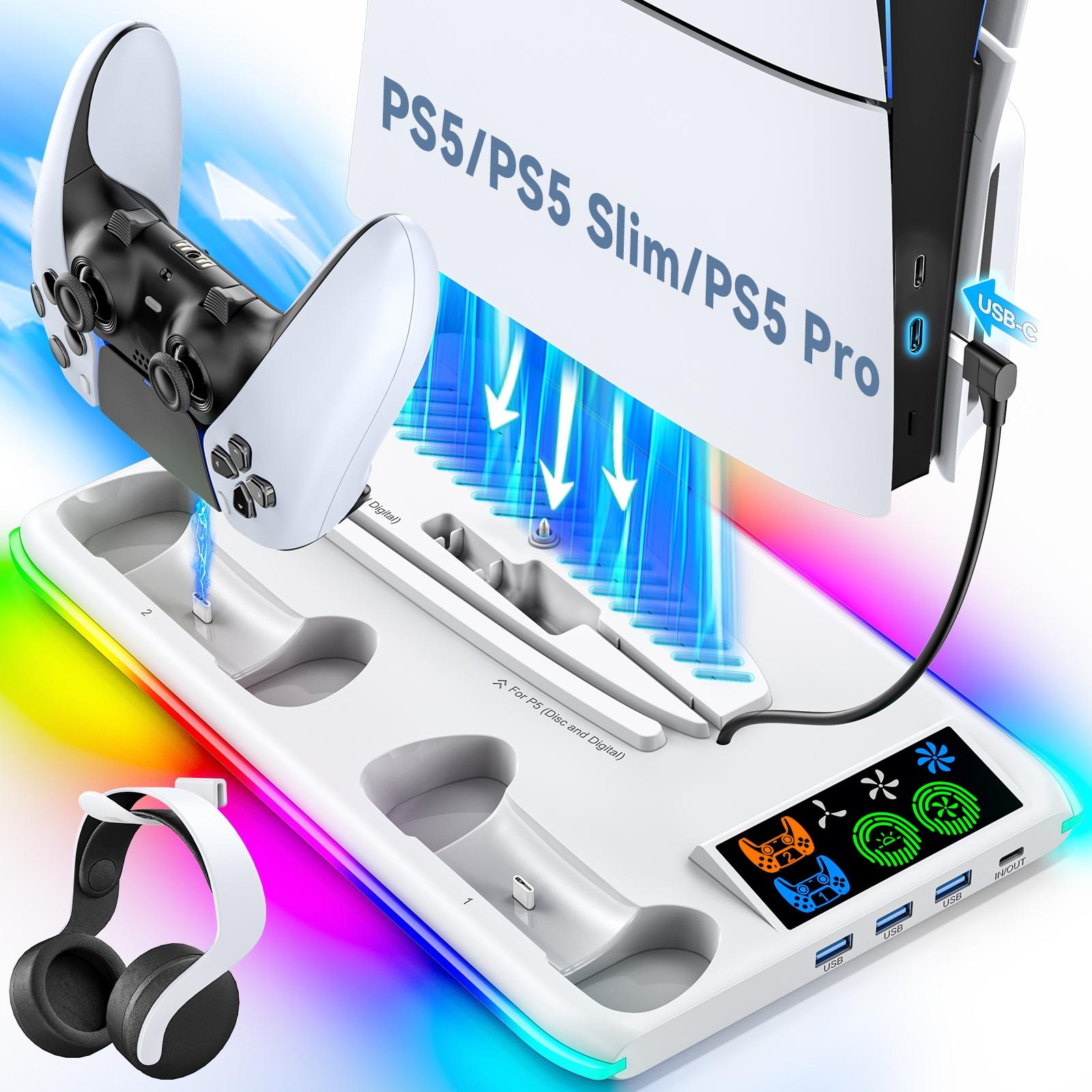 для PS5/PS5 Slim/PS5 Pro Stand с держателем для наушников Охлаждающая подставка и зарядная станция для контроллера для PS5 с 3-уровневым вентилятором охлаждения
для PS5/PS5 Slim/PS5 Pro Stand с держателем для наушников Охлаждающая подставка и зарядная станция для контроллера для PS5 с 3-уровневым вентилятором охлаждения