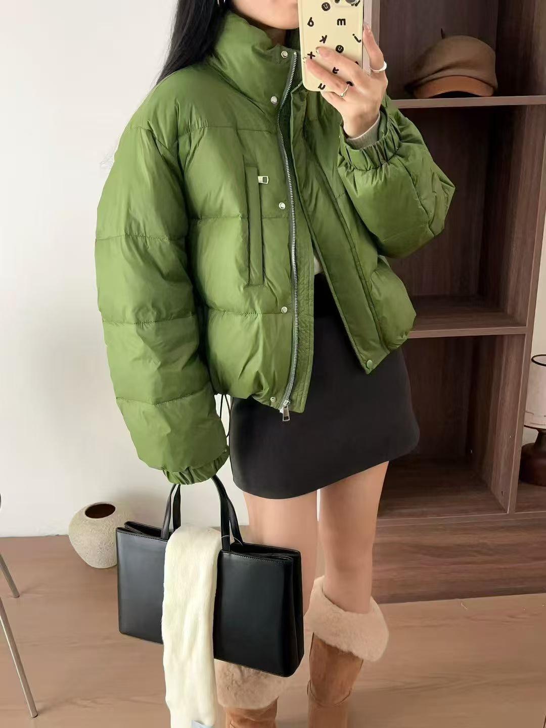 Женская 2024 Корейская Короткая Пуховая Хлопковая Куртка со Стойкой - Утепленное Зимнее Пальто Large зелёный