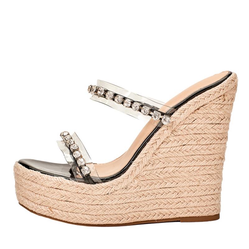 Новые прозрачные шлепанцы на платформе с открытым носком и кристаллами, женские босоножки на танкетке, модная женская обувь с толстой подошвой из соломенной веревки 42 чёрный