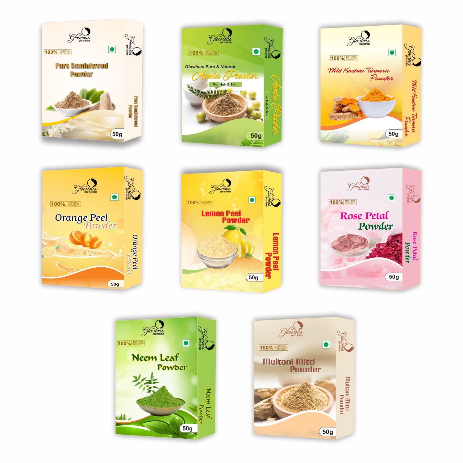 Glowious Skin Care Combo Pack - 8 Natural Powders (Sandalwood, Orange Peel, Neem, Rose, Multani Mitti, Kasturi Turmeric, Lemon Peel, Amla), 400g
Glowious Skin Care Combo Pack - 8 Natural Powders (Sandalwood, Orange Peel, Neem, Rose, Multani Mitti, Kasturi Turmeric, Lemon Peel, Amla), 400g