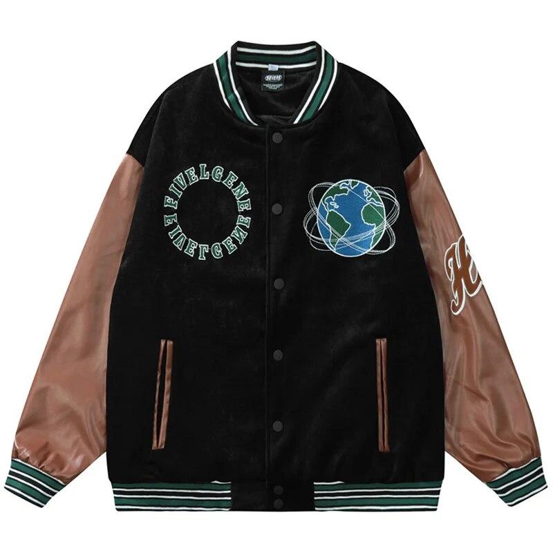 Rotating Globe Pattern Embroidery Bomber Jacket Men Leather Splicing Sleeve Spring Fall Retro Loose Baseball Uniform Casual Coat
Rotating Globe Pattern Embroidery Bomber Jacket Men Leather Splicing Sleeve Spring Fall Retro Loose Baseball Uniform Casual Coat