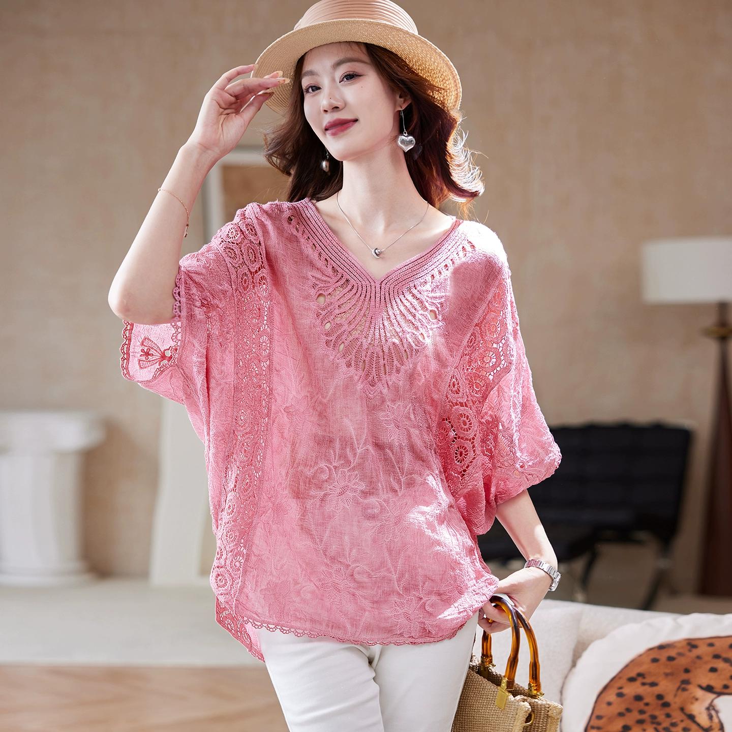 Dimanaf Летняя женская футболка с V-образным вырезом и рукавами летучая мышь, базовая кружевная, новая модная, кружевные футболки, повседневная свободная розовая футболка One Size розовый