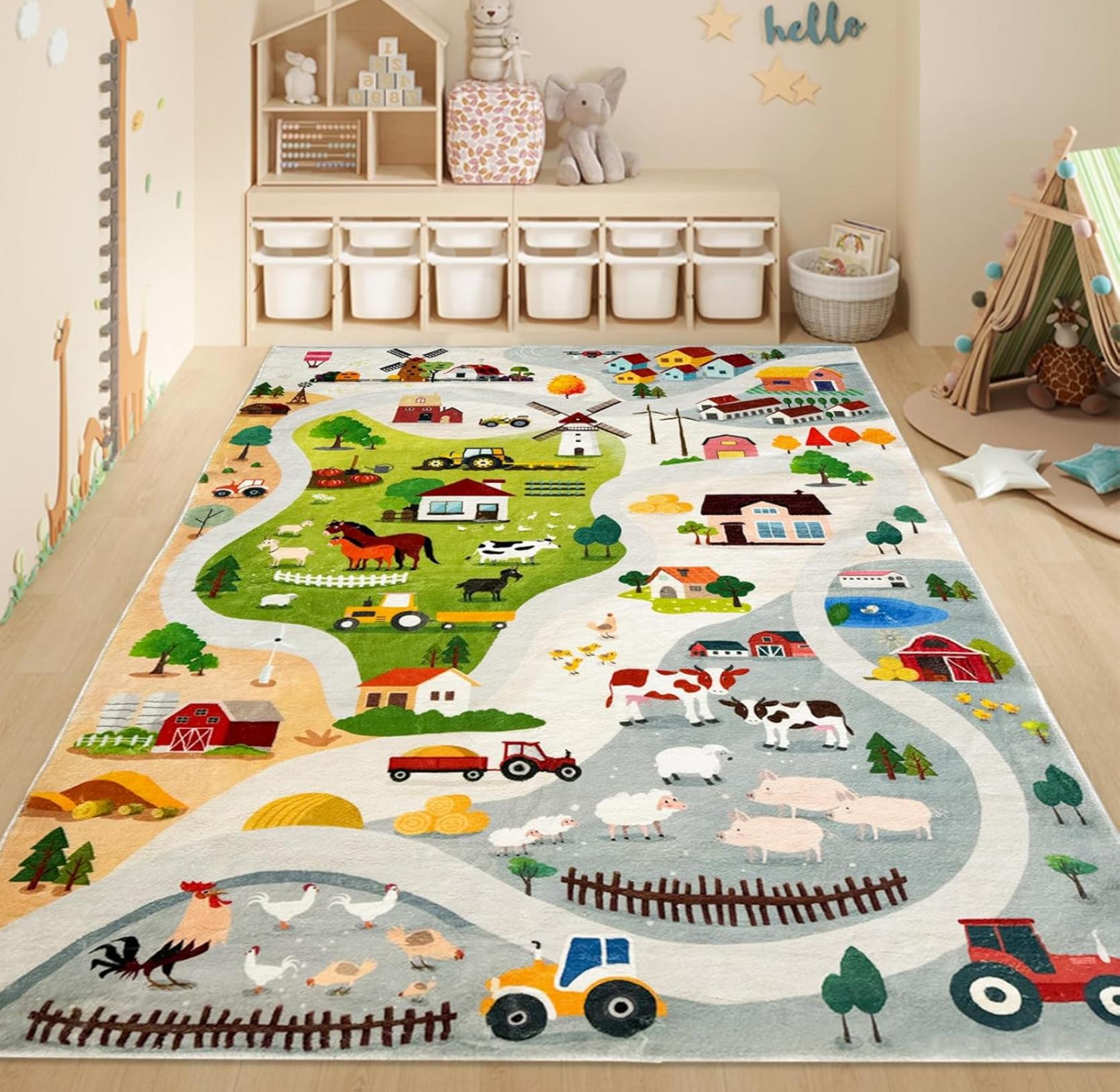 Kids Play Rug with Farm Animal and Road Map Educational Traffic Playmat for Bedroom Playroom Living Room Non Slip Floor Carpet 40X60cm
Kids Play Rug with Farm Animal and Road Map Educational Traffic Playmat for Bedroom Playroom Living Room Non Slip Floor Carpet 40X60cm
