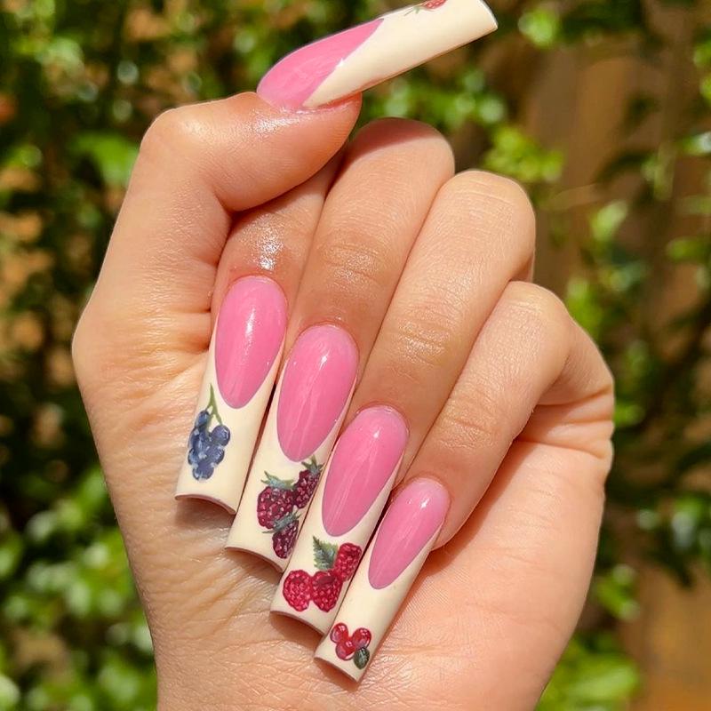 Hot-Selling Handmade Press-On Nails - Long French Tip with Fruit Print Pattern, High-Quality
Hot-Selling Handmade Press-On Nails - Long French Tip with Fruit Print Pattern, High-Quality
