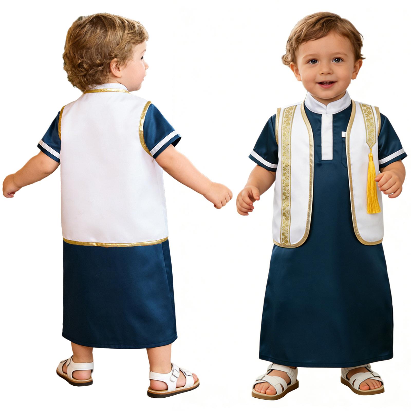 Baby Boys Arab Muslim Outfit Metallic Shiny Trim Tassel Open Front Vest Stand Collar Short Sleeve Contrast Color Satin Robe for Dubai Party 0-3Months
Baby Boys Arab Muslim Outfit Metallic Shiny Trim Tassel Open Front Vest Stand Collar Short Sleeve Contrast Color Satin Robe for Dubai Party 0-3Months