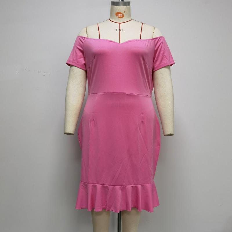 Плюс Размер Женское Платье С Короткими Рукавами Открытые Плечи V-образный Вырез Оборками 3XL розовый