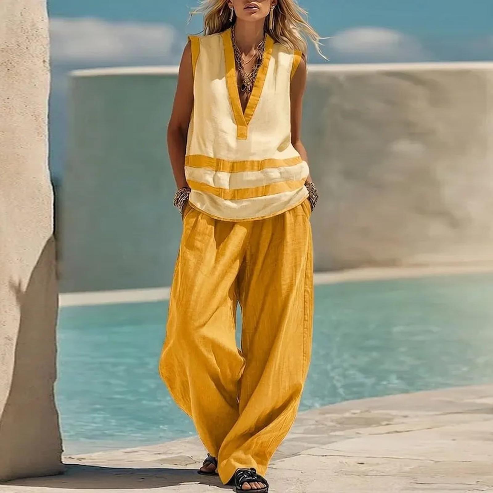 Women V Neck Sleeveless Top and Wide Leg Pants Set Loose Fit Two Piece Outfit Casual Relaxed Style for Daily Wear XL
Women V Neck Sleeveless Top and Wide Leg Pants Set Loose Fit Two Piece Outfit Casual Relaxed Style for Daily Wear XL